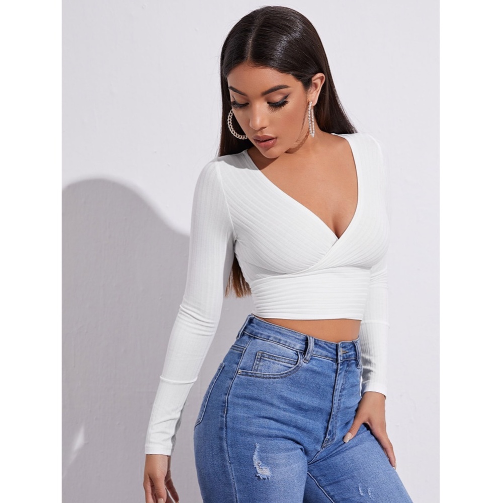 Deep V Neck Long Sleeve Rib-knit White Crop Top - Picture 3 of 12